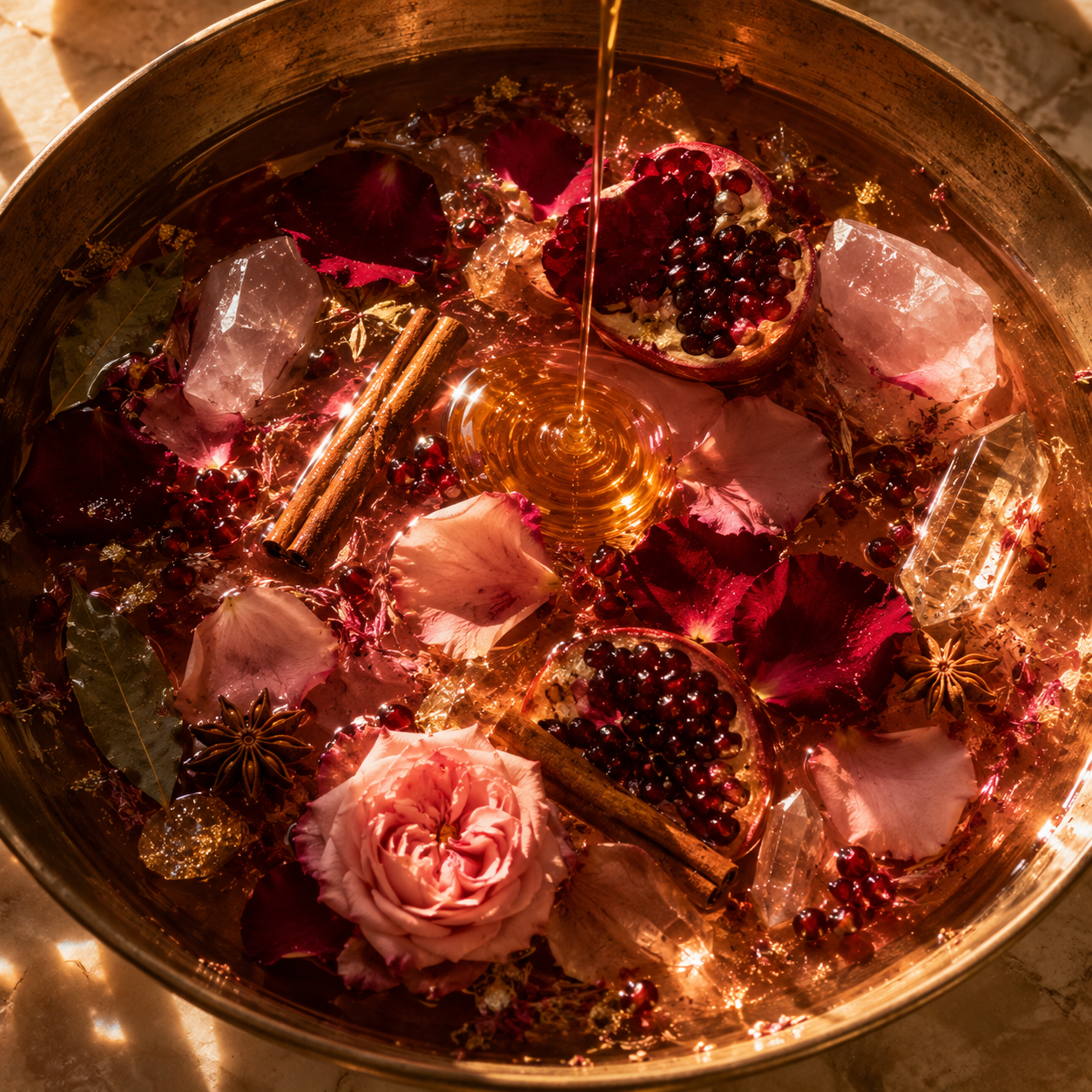 Bacia de bronze com mel, romãs, rosas, canela, anis estrelado e cristais de quartzo rosa